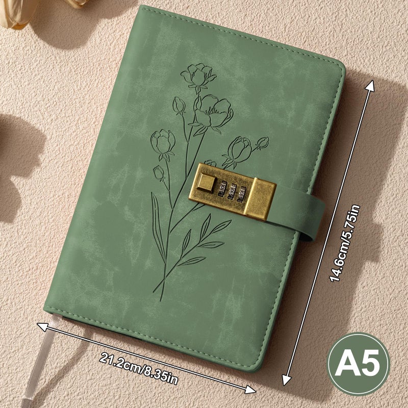 Ovesmusl Lock Diary for Women Diary with Lock for Girls A5 Leather Locked Journal 260 Pages 100 GSM Refillable Journal with Lock for Teens Secrets Flower Journals with Combination Passwords, 5.7"x8.3", Green - Image 2