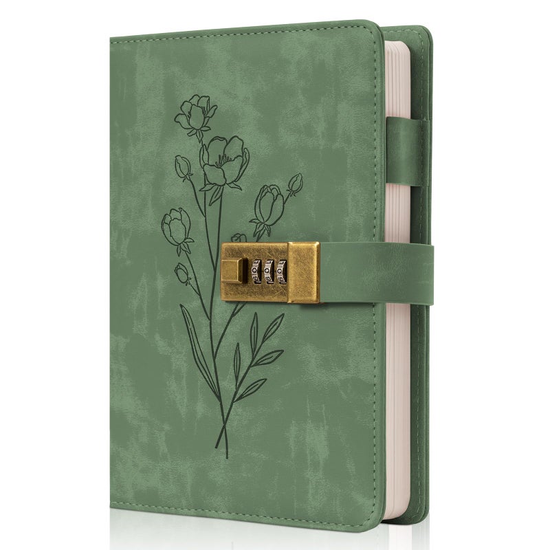 Ovesmusl Lock Diary for Women Diary with Lock for Girls A5 Leather Locked Journal 260 Pages 100 GSM Refillable Journal with Lock for Teens Secrets Flower Journals with Combination Passwords, 5.7"x8.3", Green - Image 1