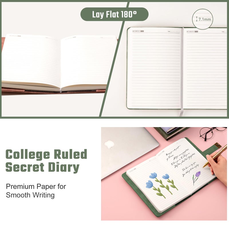 Ovesmusl Lock Diary for Women Diary with Lock for Girls A5 Leather Locked Journal 260 Pages 100 GSM Refillable Journal with Lock for Teens Secrets Flower Journals with Combination Passwords, 5.7"x8.3", Green - Image 4