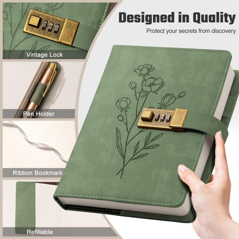 Ovesmusl Lock Diary for Women Diary with Lock for Girls A5 Leather Locked Journal 260 Pages 100 GSM Refillable Journal with Lock for Teens Secrets Flower Journals with Combination Passwords, 5.7"x8.3", Green - Image 3
