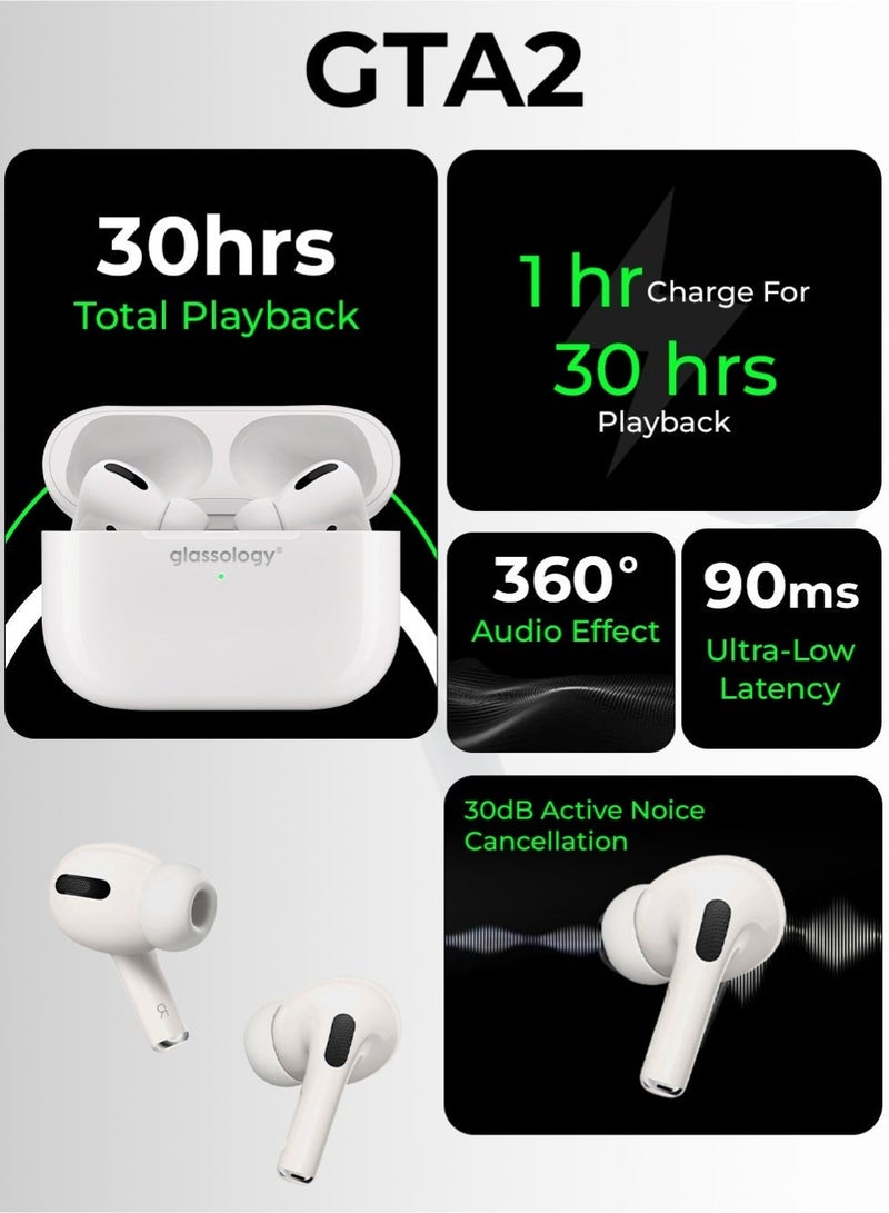 جلاسولوجي GTA 2 White Truly Wireless Earbuds with Pro ANC, Thumping Bass, Multi-Mode Sound, Gaming Mode, MagSafe Wireless Charging & 30 Hours Playtime - Image 4