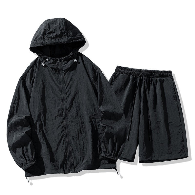 Ice silk suit summer new mens and womens cold breathable quick-drying anti-ultraviolet ice silk sunscreen all-match two-piece suit black suit - Image 1