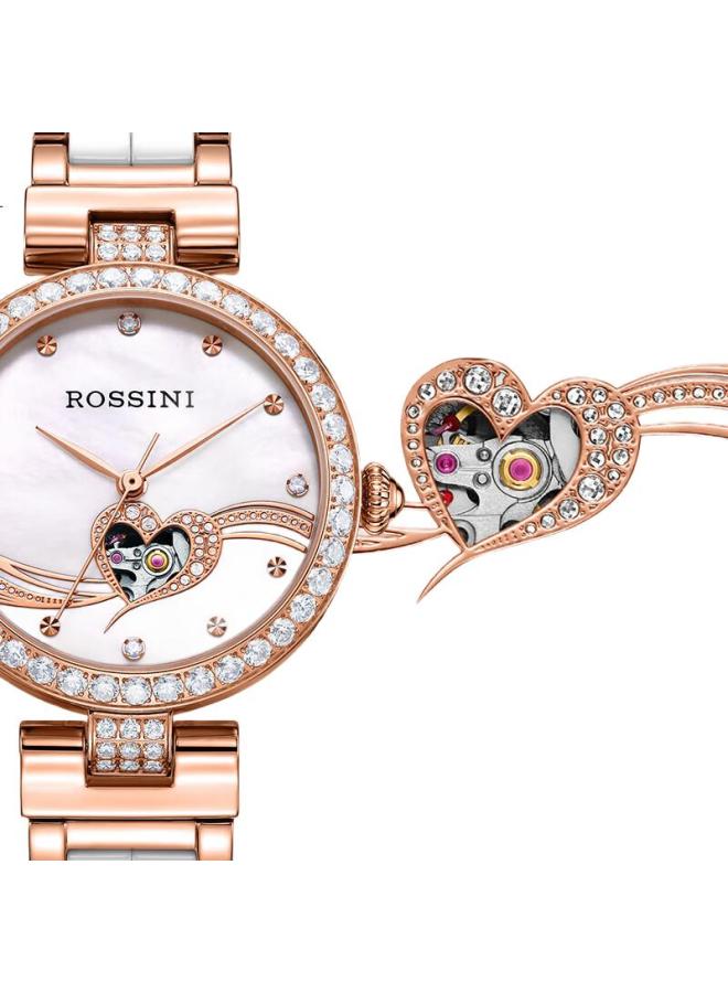 ROSSINI Women'S Watch, Birthday Gift, Heart-Shaped Skeleton Mechanical Watch, Mother-Of White Dial, Ceramic Steel Strap, 518868 - Image 1