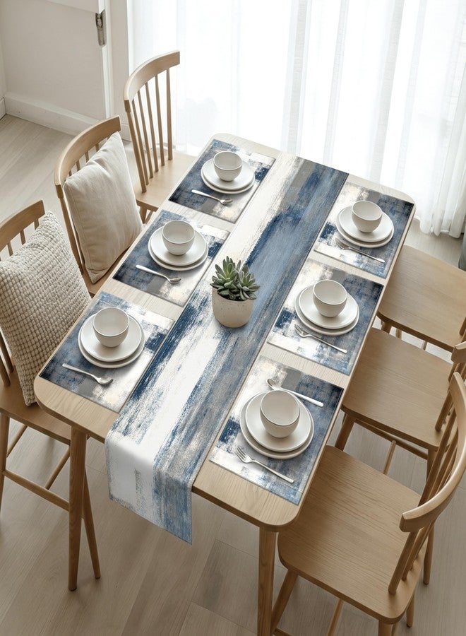 AILUER White and Gray Table Runner and Placemats Set of 6 Farmhouse Washable Linen Place Mats Rustic Abstract Art Table Decor for Kitchen Dining Coffee Outdoor Party (White and Gray, 13"x71"+12"x18") - Image 1
