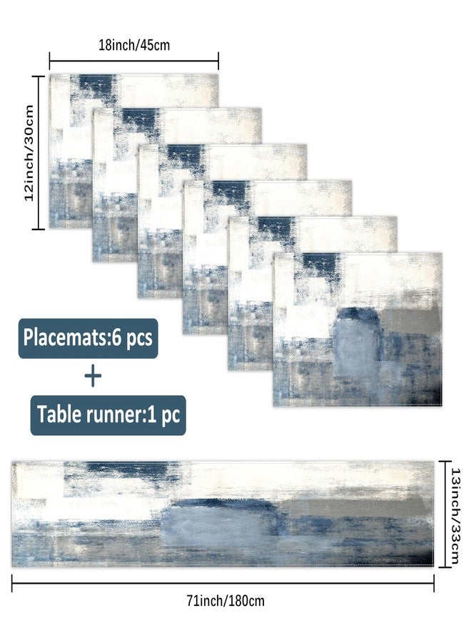 AILUER White and Gray Table Runner and Placemats Set of 6 Farmhouse Washable Linen Place Mats Rustic Abstract Art Table Decor for Kitchen Dining Coffee Outdoor Party (White and Gray, 13"x71"+12"x18") - Image 2