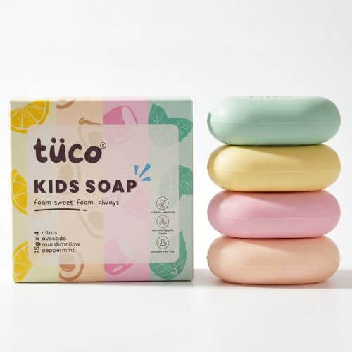 TuCo حزمة صابون الأطفال Tuco® 3+1 (3x75جم+1x75جم) | مختبر جلدياً، لطيف ومغذي مع فيتامين C الطبيعي، الأفوكادو، المارشميلو، الحمضيات | خالي من SLS والبارابين | للأعمار 2-5، 5-10، 10-15 - Image 1