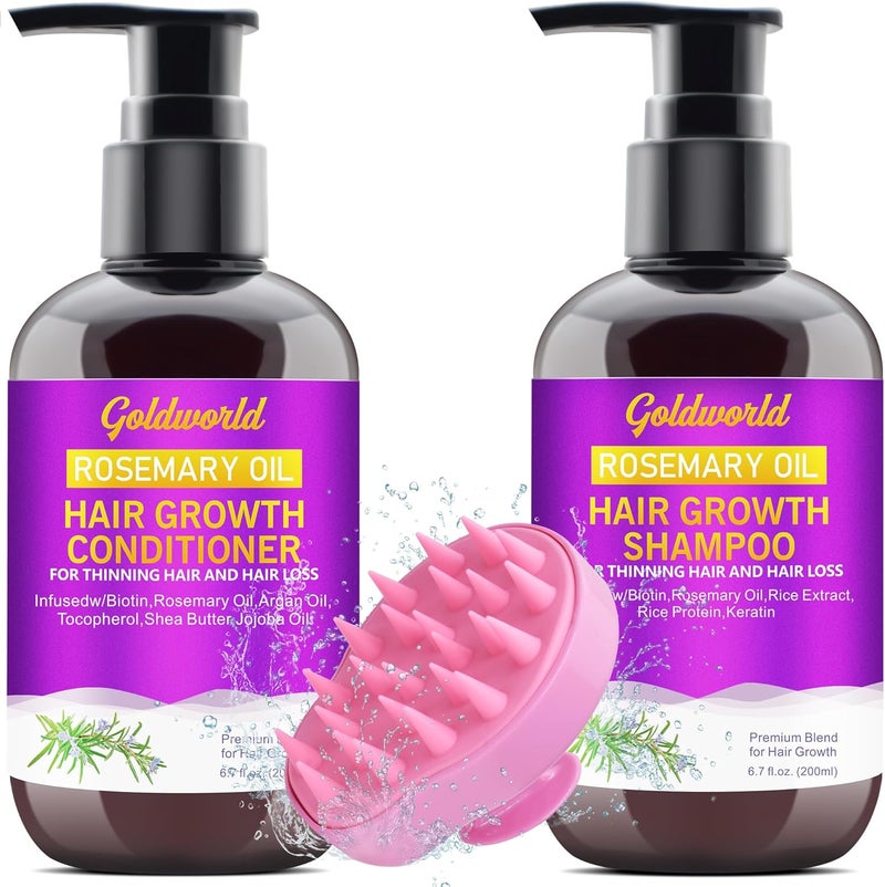 Sulphate Free Rosemary Oil Biotin Shampoo wScalp Massager Argan Castor Oil Keratin Rice Water Conditioner Sets for Womens Hair Growth Thickening 2 in 1 Set