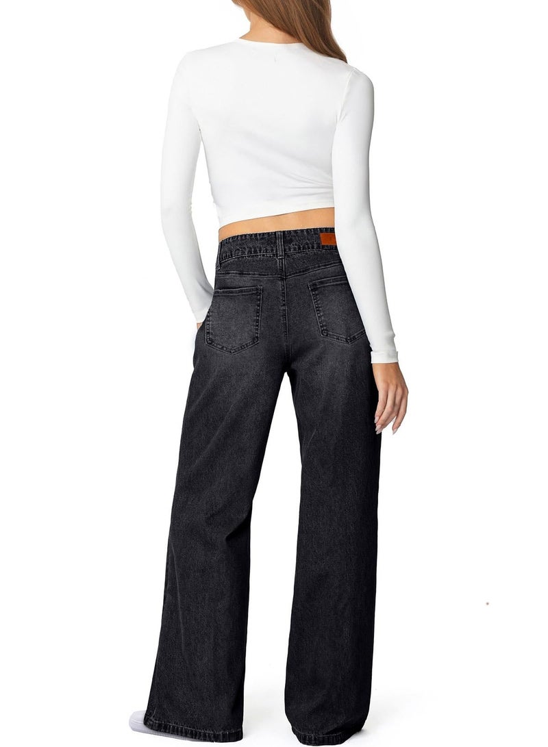 Sidefeel Women's Wide Leg Jeans High Waisted Stretchy Seamed Front Straight Leg Trendy Loose Denim Pants Black Size 8 - Image 4