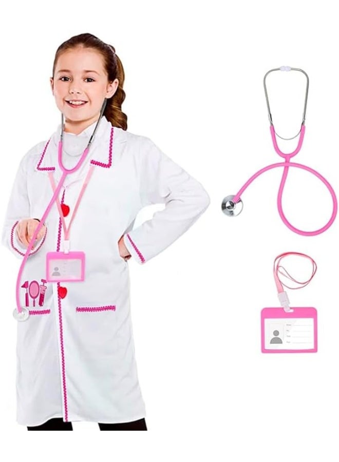 برين جيجلز طقم زي طبيب BrainGiggles للأطفال - طقم زي طبيب بمعطف أبيض مع سماعة طبية حقيقية - معطف طبيب للأطفال للعب الأدوار، يوم المهنة، الهالوين، ارتداء الملابس (أبيض/وردي، 110 سم) - Image 1