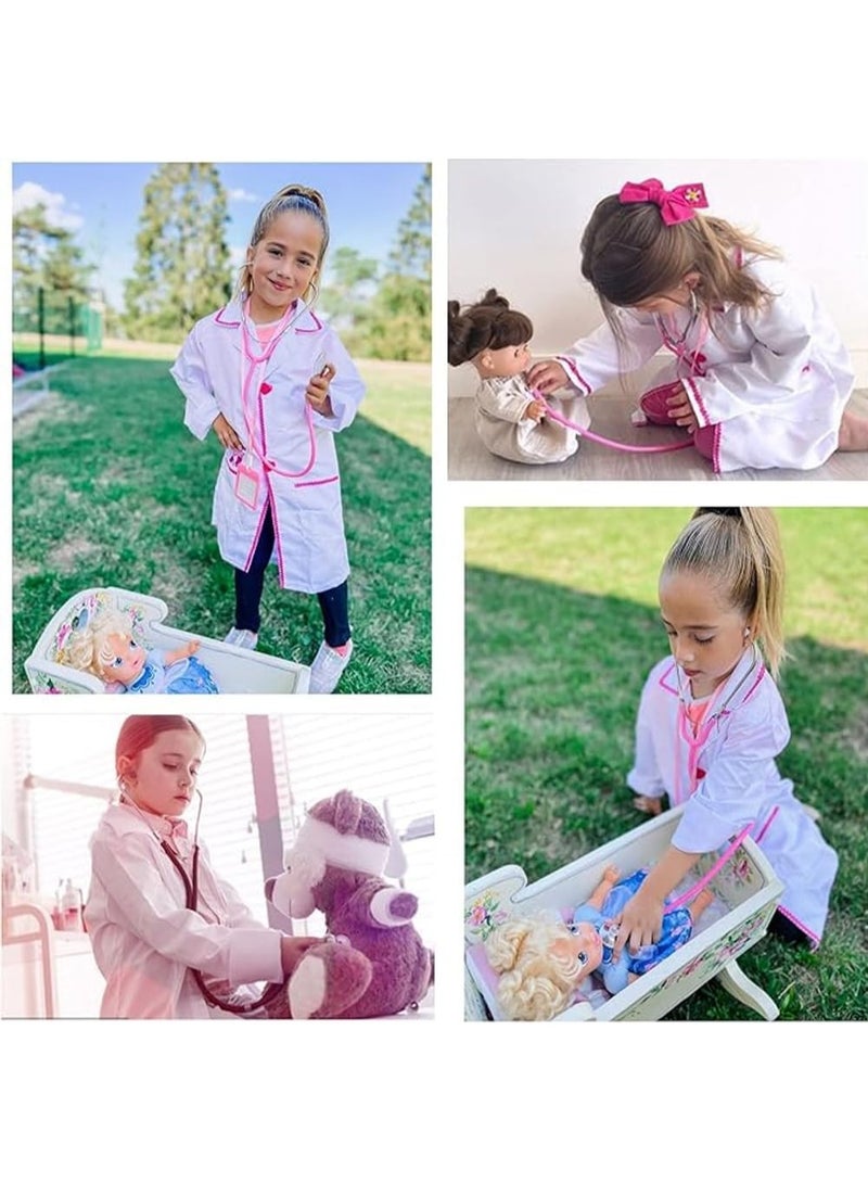 برين جيجلز طقم زي طبيب BrainGiggles للأطفال - طقم زي طبيب بمعطف أبيض مع سماعة طبية حقيقية - معطف طبيب للأطفال للعب الأدوار، يوم المهنة، الهالوين، ارتداء الملابس (أبيض/وردي، 110 سم) - Image 4