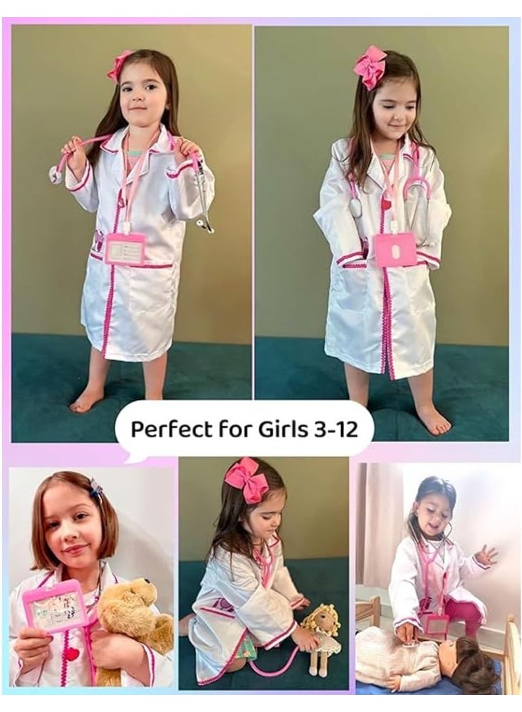 برين جيجلز طقم زي طبيب BrainGiggles للأطفال - طقم زي طبيب بمعطف أبيض مع سماعة طبية حقيقية - معطف طبيب للأطفال للعب الأدوار، يوم المهنة، الهالوين، ارتداء الملابس (أبيض/وردي، 110 سم) - Image 5