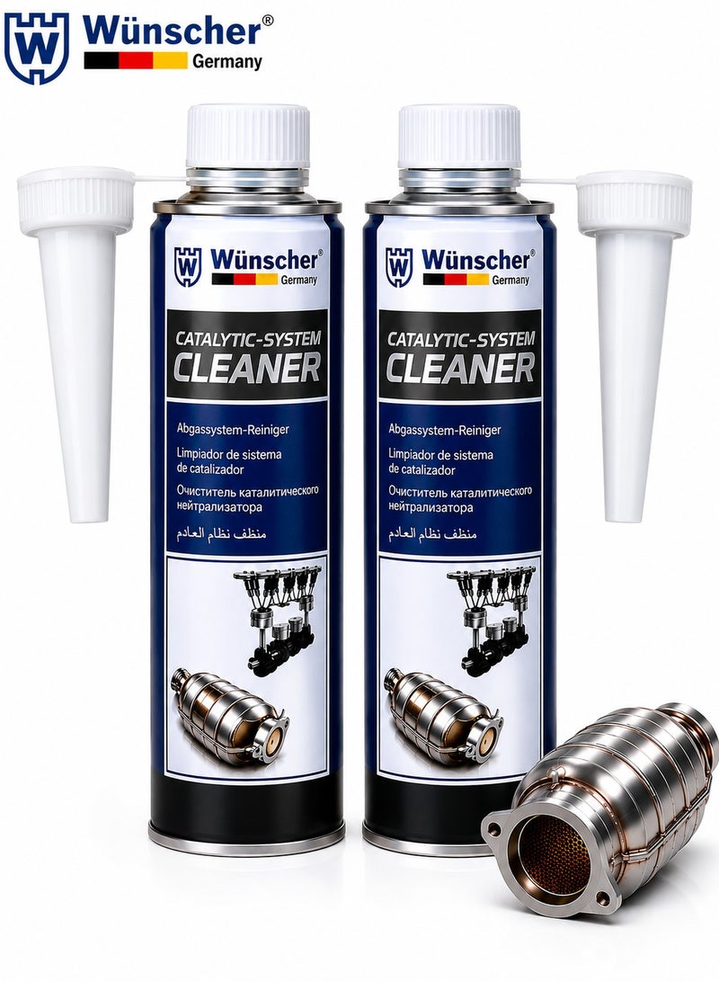 Wunscher W-7722 Catalytic System Cleaner 300ML x 2PCS, 600ML Petrol & Diesel Fuel Additive, Catalytic Converter DPF Injection Exhaust System Cleaner, Carbon Soot Deposit Remover, Engine Maintenance Treatment - Image 1