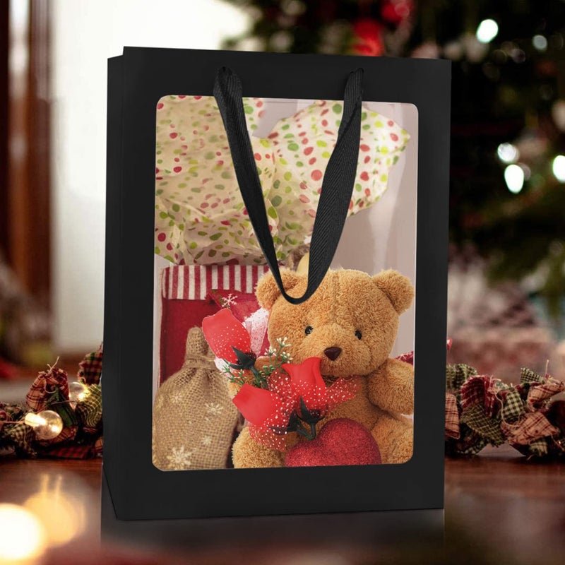 BallHull 12 Pcs Black Kraft Paper Gift Bags with Transparent Window, 9.84"x7.0"x5.12" Kraft Shopping Bags with Handles for Bouquet Christmas Birthdays Festivals Party Weddings Wrapping - Image 5
