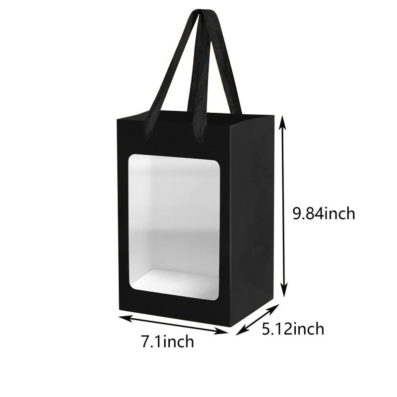 BallHull 12 Pcs Black Kraft Paper Gift Bags with Transparent Window, 9.84"x7.0"x5.12" Kraft Shopping Bags with Handles for Bouquet Christmas Birthdays Festivals Party Weddings Wrapping - Image 2