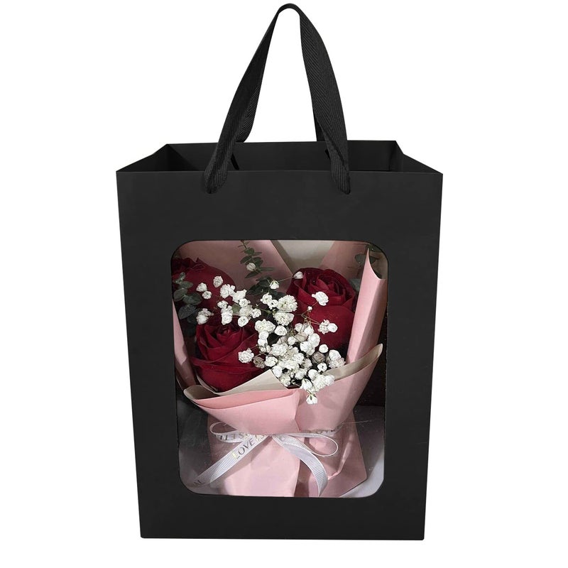 BallHull 12 Pcs Black Kraft Paper Gift Bags with Transparent Window, 9.84"x7.0"x5.12" Kraft Shopping Bags with Handles for Bouquet Christmas Birthdays Festivals Party Weddings Wrapping - Image 3
