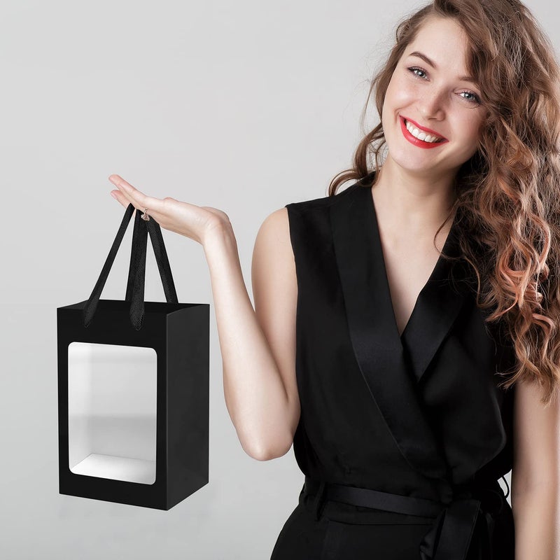 BallHull 12 Pcs Black Kraft Paper Gift Bags with Transparent Window, 9.84"x7.0"x5.12" Kraft Shopping Bags with Handles for Bouquet Christmas Birthdays Festivals Party Weddings Wrapping - Image 4