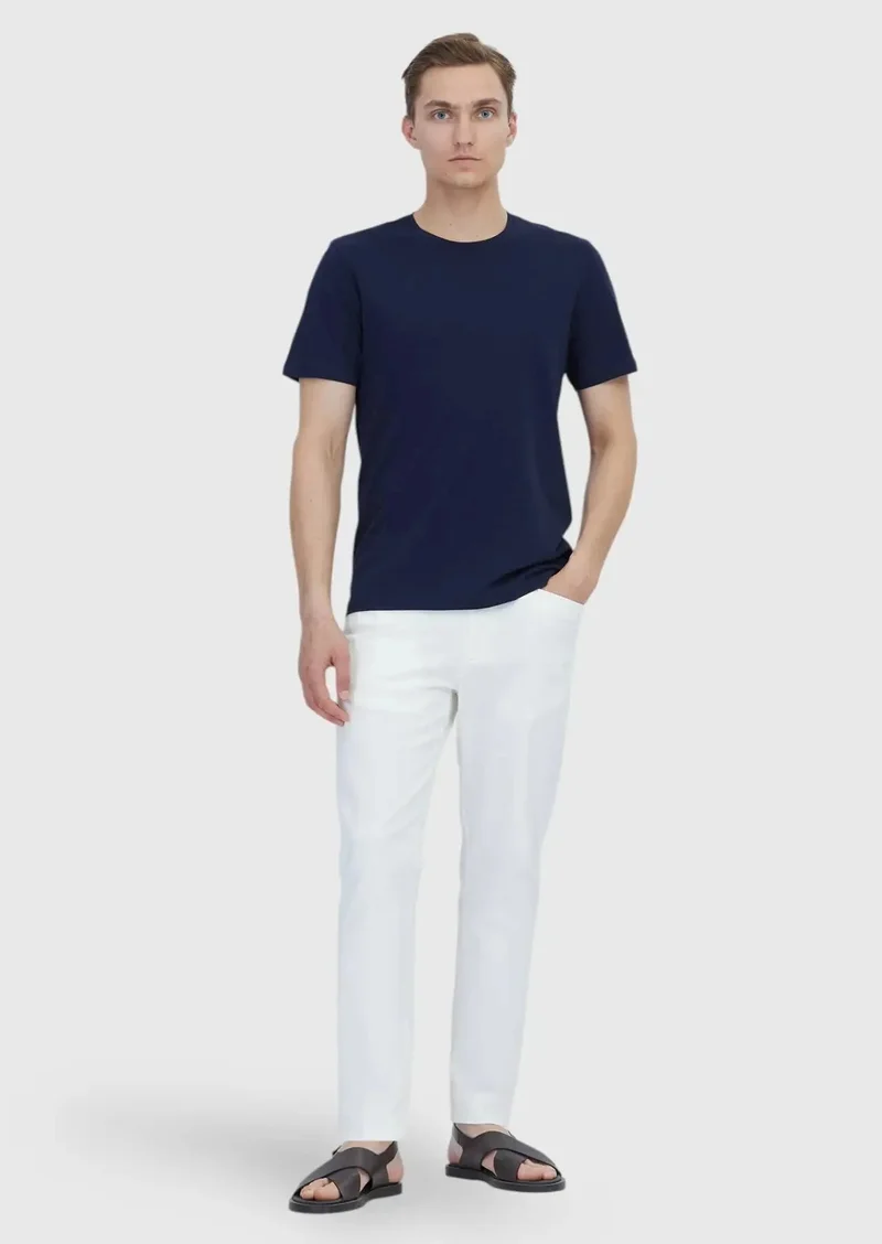 رامسي تيشيرت قطني 100% بلون أزرق داكن سادة برقبة دائرية