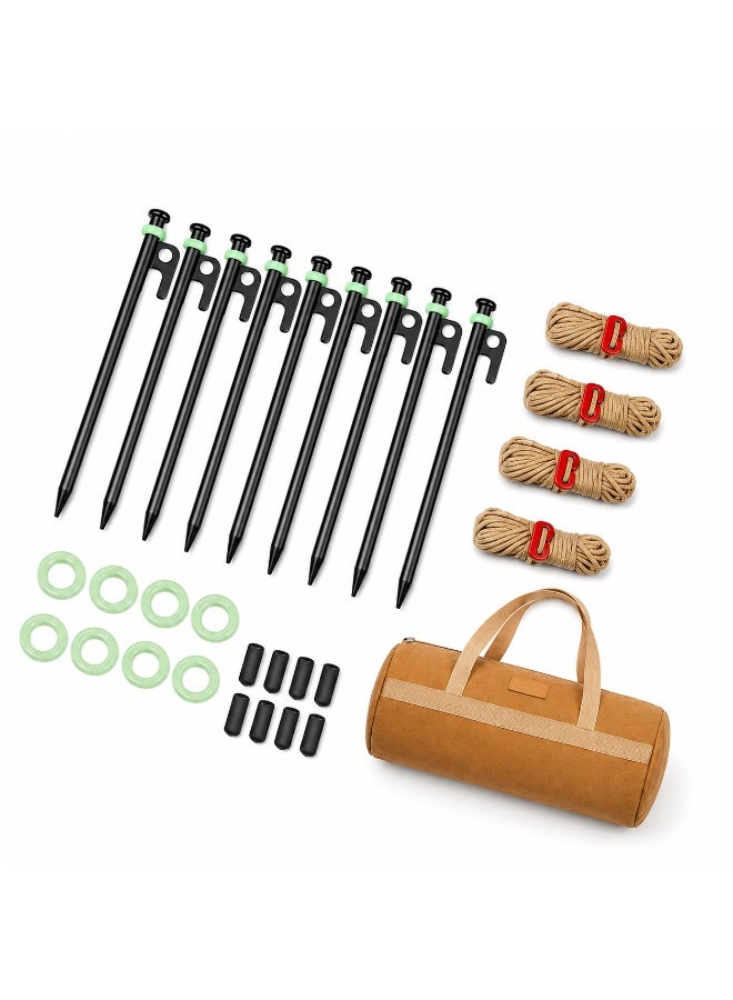 Complete Tent Peg Set, 8 x 30cm Carbon Steel Camping Stakes for Desert & Beach Camping with Wind Ropes, Glow Rings, Caps and Carry Bag - Image 1
