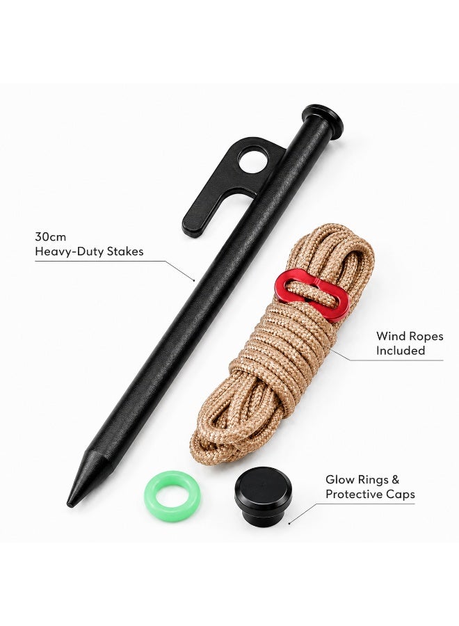 Complete Tent Peg Set, 8 x 30cm Carbon Steel Camping Stakes for Desert & Beach Camping with Wind Ropes, Glow Rings, Caps and Carry Bag - Image 3
