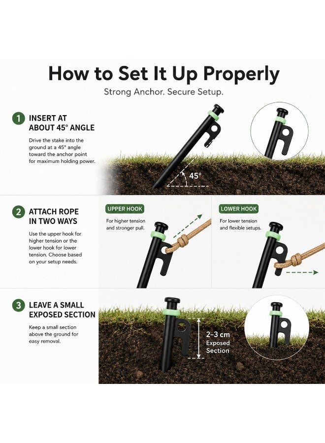 Complete Tent Peg Set, 8 x 30cm Carbon Steel Camping Stakes for Desert & Beach Camping with Wind Ropes, Glow Rings, Caps and Carry Bag - Image 4