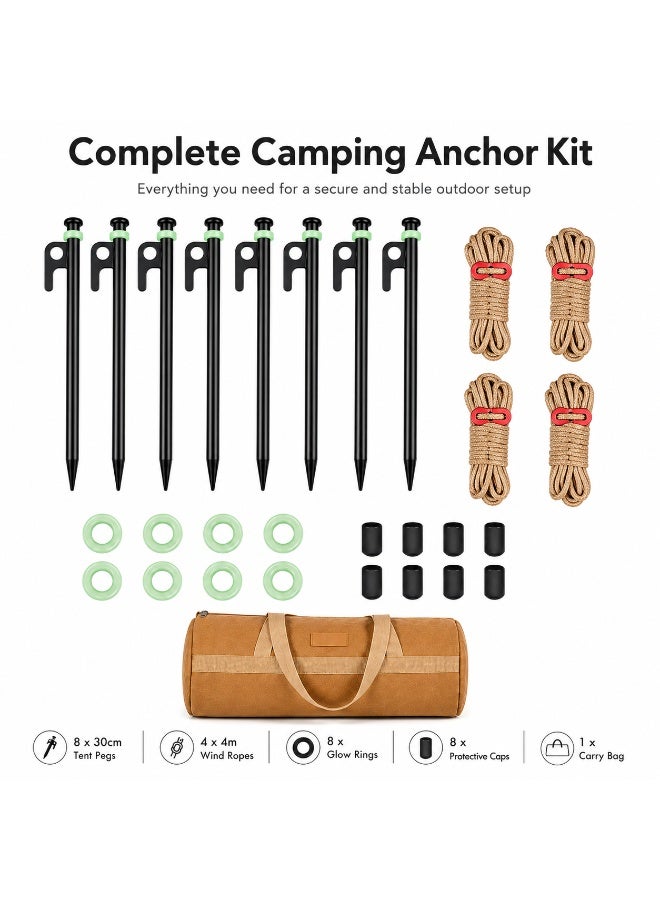 Complete Tent Peg Set, 8 x 30cm Carbon Steel Camping Stakes for Desert & Beach Camping with Wind Ropes, Glow Rings, Caps and Carry Bag - Image 2
