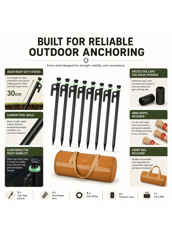 Complete Tent Peg Set, 8 x 30cm Carbon Steel Camping Stakes for Desert & Beach Camping with Wind Ropes, Glow Rings, Caps and Carry Bag - Image 5