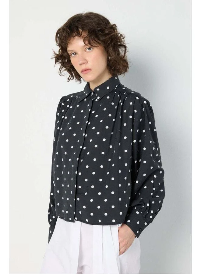 mina aise Black Polka-Dotted Ruffled Blouse 31120.