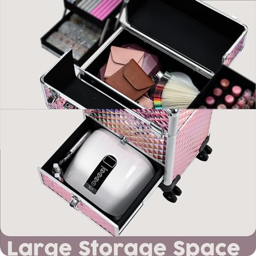 Hododou Rolling Makeup Case with Drawer Cosmetology Case on Wheels Makeup Trolley Sliding Drawer Makeup Travel Case for Esthetician, Mobile Stylist, Manicurist Barber Case Traveling Cart Trunk Glitter Pink - Image 5