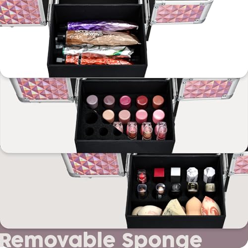 Hododou Rolling Makeup Case with Drawer Cosmetology Case on Wheels Makeup Trolley Sliding Drawer Makeup Travel Case for Esthetician, Mobile Stylist, Manicurist Barber Case Traveling Cart Trunk Glitter Pink - Image 4