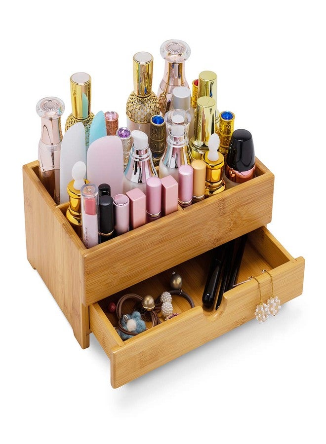 GOBAM Bamboo Makeup Organizers and Storage with Drawer - Wooden Cosmetic Organizer Countertop for Bathroom, Bedroom, Closet, Kitchen, Vanity & Dresser - Make up Vanity Station - Image 1