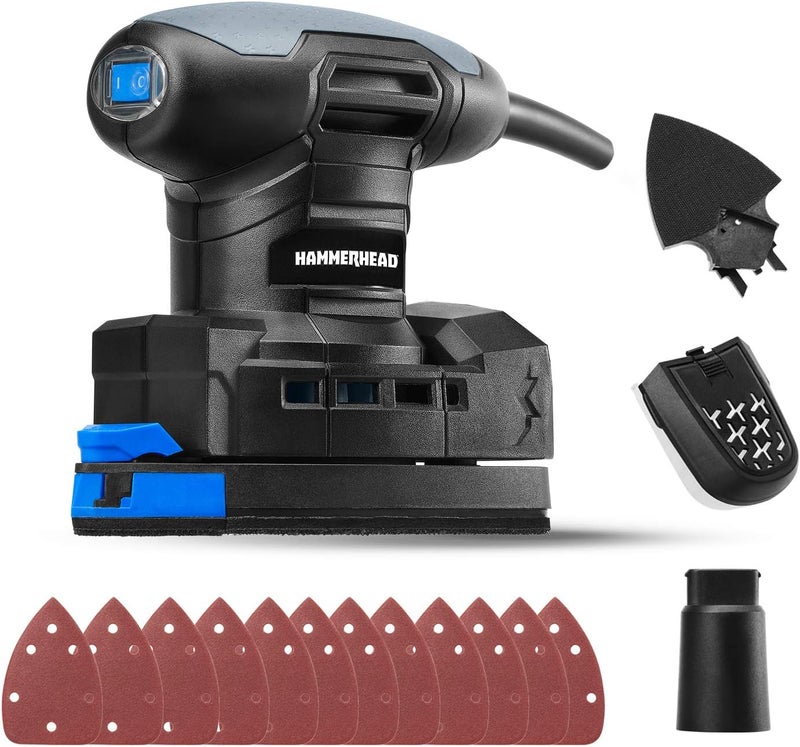 HAMMERHEAD 1.4-Amp Multi-Function Detail Sander with 12pcs Sandpaper, Dust Collection System, and Detail Attachment - HADS014 - Image 1