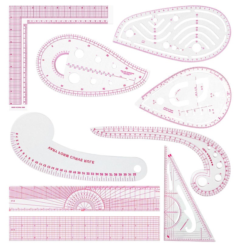 LJLJ Fashion Clear Metric Sewing Ruler Set,French Curve Pattern Rulers for Beginners, Tailors, Designers, Quilting, Embroidery, Cross Stitch, Crochet, Knitting 9pcs - Image 1