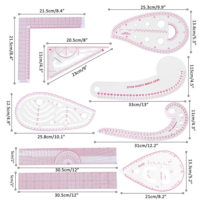 LJLJ Fashion Clear Metric Sewing Ruler Set,French Curve Pattern Rulers for Beginners, Tailors, Designers, Quilting, Embroidery, Cross Stitch, Crochet, Knitting 9pcs - Image 2