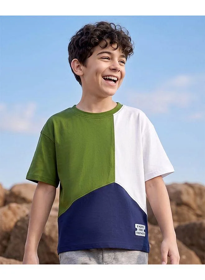 Pine Kids Pine Kids Cotton Knit Cut & Sew Half Sleeves Solid T-Shirt - Green/White/Navy
