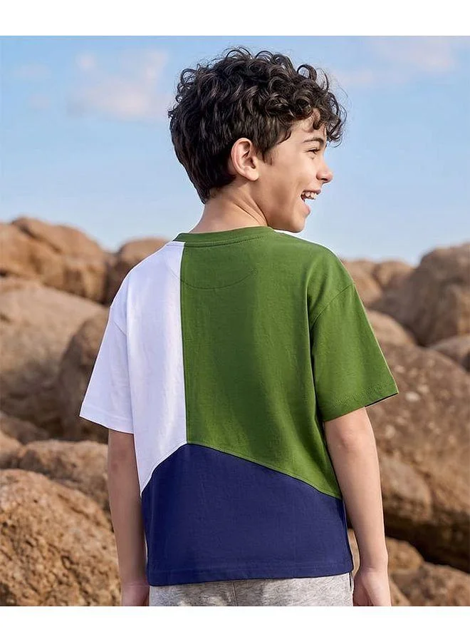 Pine Kids Pine Kids Cotton Knit Cut & Sew Half Sleeves Solid T-Shirt - Green/White/Navy