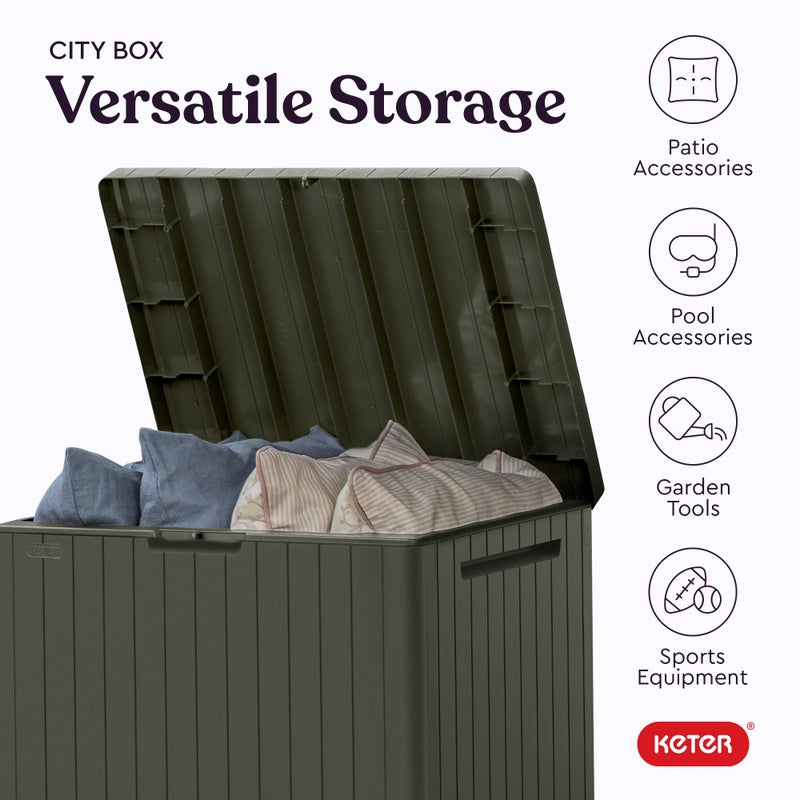 Keter City 30 Gallon Resin Outdoor Storage Box and Patio Furniture Side Table for Pool and Garden Accessories, Taupe - Image 5