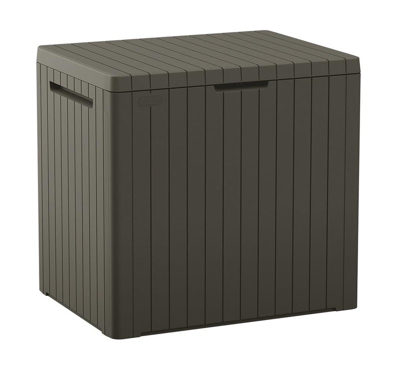 Keter City 30 Gallon Resin Outdoor Storage Box and Patio Furniture Side Table for Pool and Garden Accessories, Taupe - Image 1