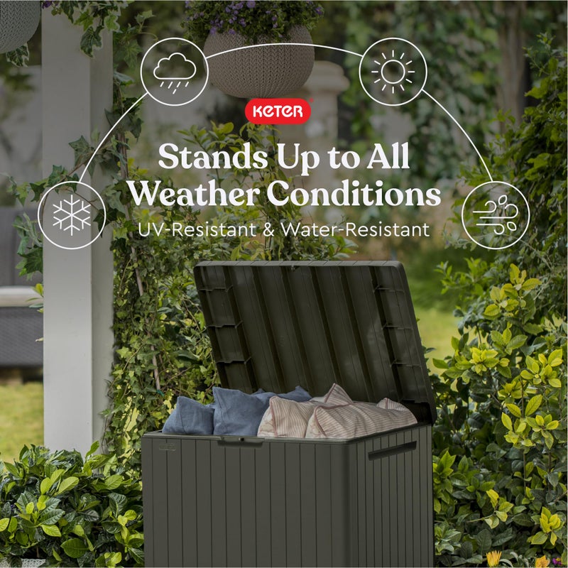 Keter City 30 Gallon Resin Outdoor Storage Box and Patio Furniture Side Table for Pool and Garden Accessories, Taupe - Image 3