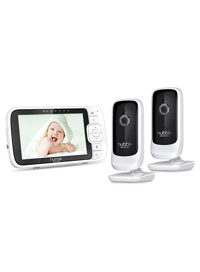 Nursery View Premium Twin Baby Monitor – 5" Split-Screen Display, 2 Cameras, 2-Way Talk, Infrared Night Vision, Digital Zoom, Temp Sensor, 300m Range, Lullabies, Works with HubbleClub App