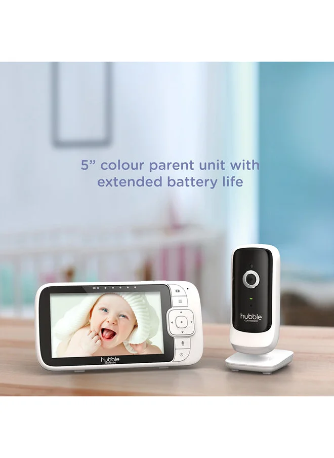هابل متصل Hubble Connected Nursery View Premium Twin Cameras Video Baby Monitor With 5 Inch Screen, Infrared Night Vision, Split Screen, Digital Zoom And Room Temperature Sensor