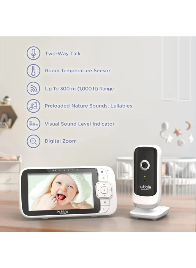 هابل متصل Hubble Connected Nursery View Premium Twin Cameras Video Baby Monitor With 5 Inch Screen, Infrared Night Vision, Split Screen, Digital Zoom And Room Temperature Sensor
