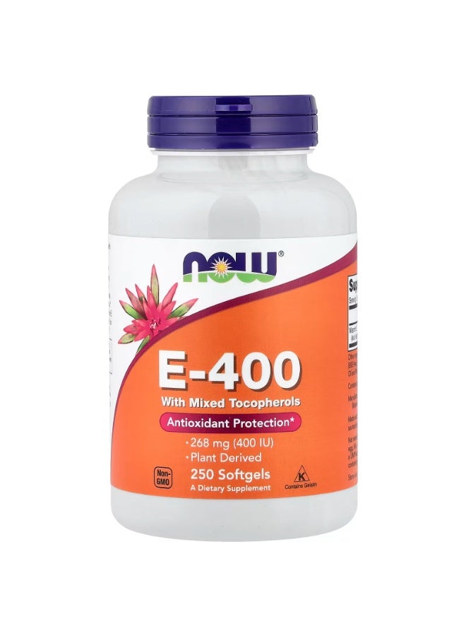 now E-400 with Mixed Tocopherols, 268 mg (400 IU), 250 Softgels - Image 1