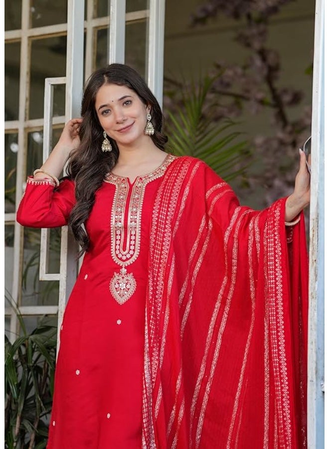 Yashika Women Embroidered Viscose Chanderi Fabric Straight Kurta, Pant and Dupatta Set | Kurta Ser for Women|Red|L - Image 3