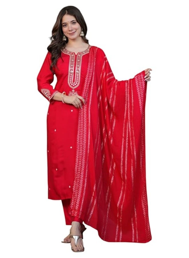 Yashika Women Embroidered Viscose Chanderi Fabric Straight Kurta, Pant and Dupatta Set | Kurta Ser for Women|Red|L - Image 1