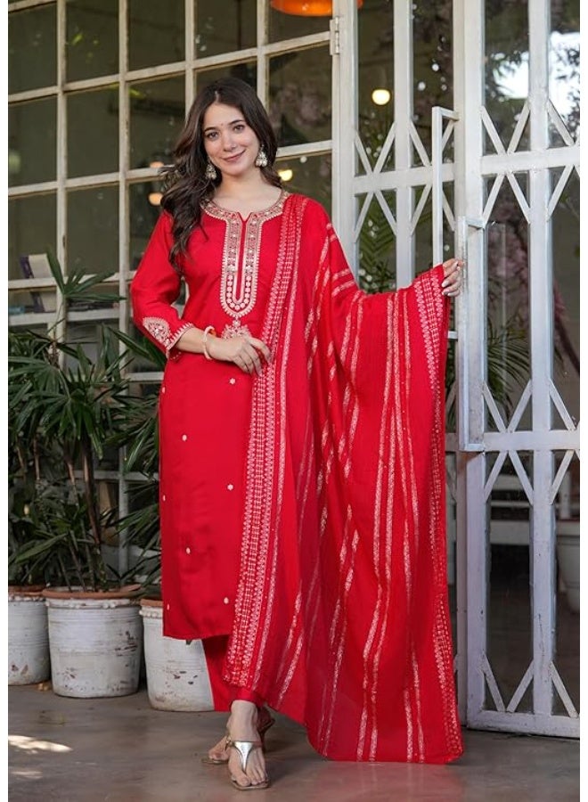Yashika Women Embroidered Viscose Chanderi Fabric Straight Kurta, Pant and Dupatta Set | Kurta Ser for Women|Red|L - Image 4