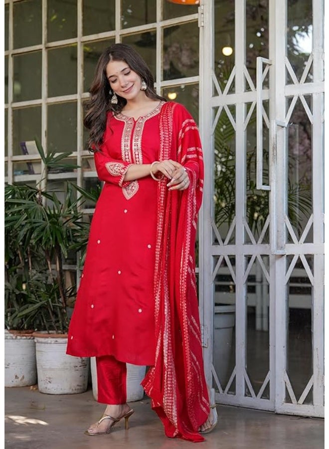 Yashika Women Embroidered Viscose Chanderi Fabric Straight Kurta, Pant and Dupatta Set | Kurta Ser for Women|Red|L - Image 2