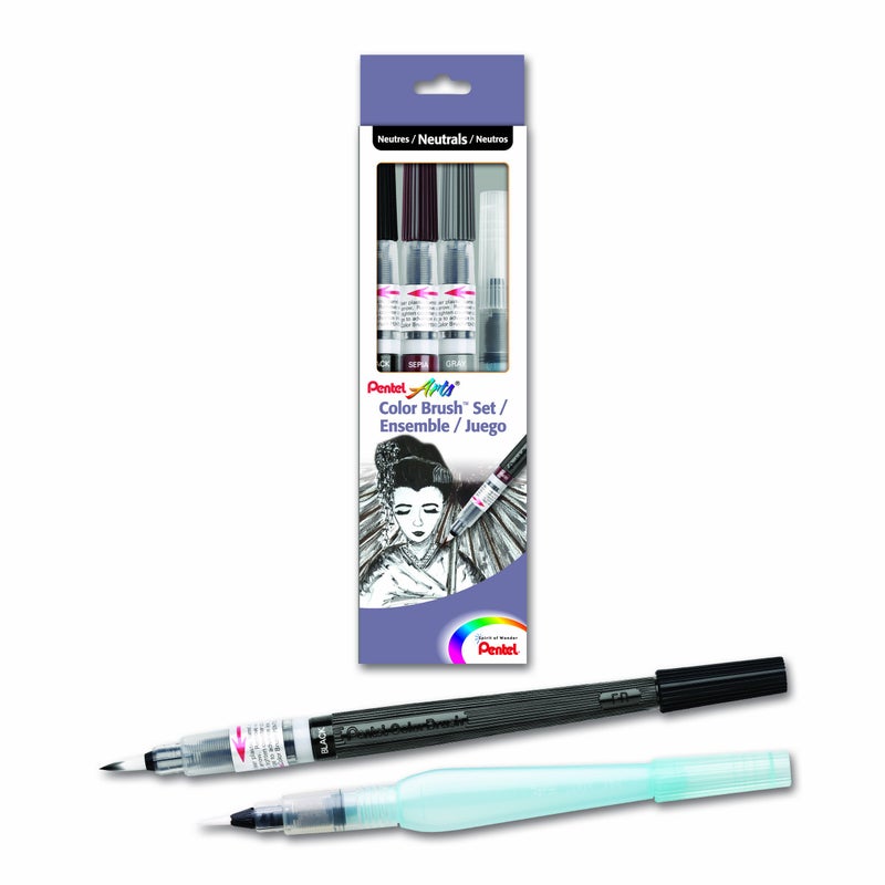 Pentel Arts Color Water Brush Box Set BlackGraySepiaAquash GFLFRHBP