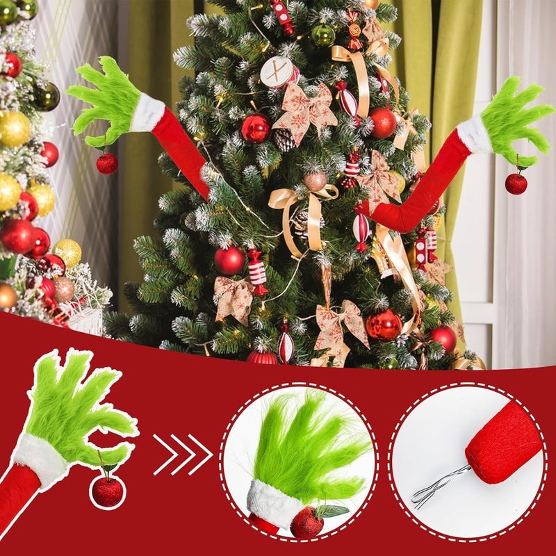 Christmas Elf Body Tree Decorations, Christmas Tree Arm, Christmas Green Monster Stole Xmas Tree Toppe, Pose-able Christmas Elf Stuffed Leg Arm and Head for Christmas Tree Hanging Ornament (1PC) - Image 3