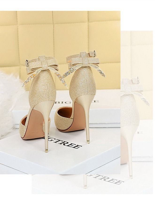 BIGTREE Shallow Pointed High-Heeled Sandals 10CM Gold  - Image 3