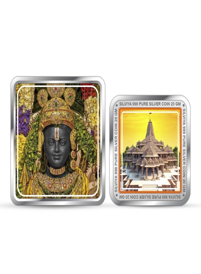 Silviya BIS Hallmarked 999 Pure Silver Ram Lalla Virajman Mandir Coin (20g) Square Shape - Sacred Souvenir - Ayodhya Temple - With Certificate of Authenticity - Image 1